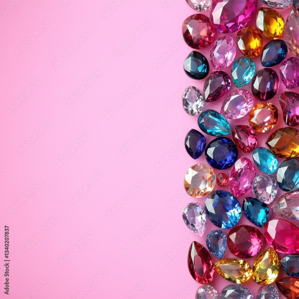 Poster vibrant collection of colorful gemstones arranged on a pink background. the gems are various shapes 