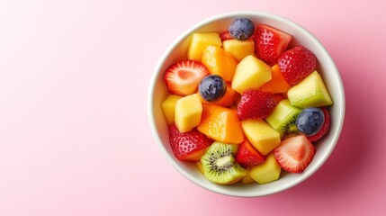 A vibrant fruit salad in a white bowl, featuring strawberries, blueberries, kiwi, and mango chunks. The salad rests on a pink background. Top view.