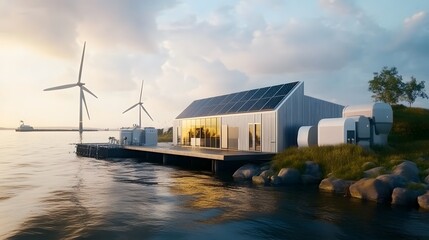 Sustainable Eco Friendly House on Water with Wind Turbines and Solar Panels