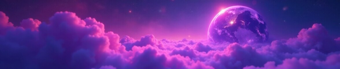 Obraz premium Ethereal planet with glowing purple mist and iridescent clouds, abstract, glowing mist
