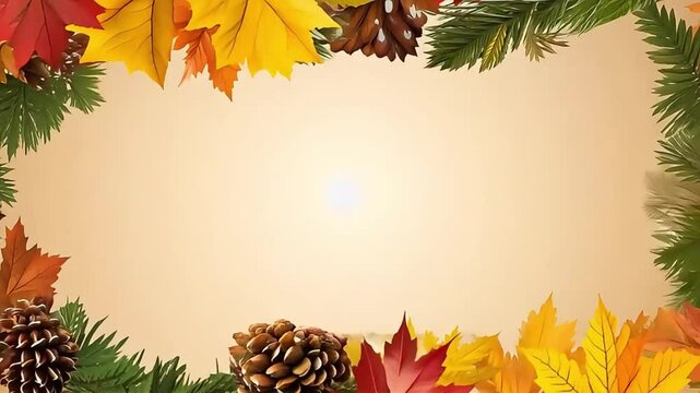 Animated fall leaves pinecones frame a warm background ideal for seasonal messages.