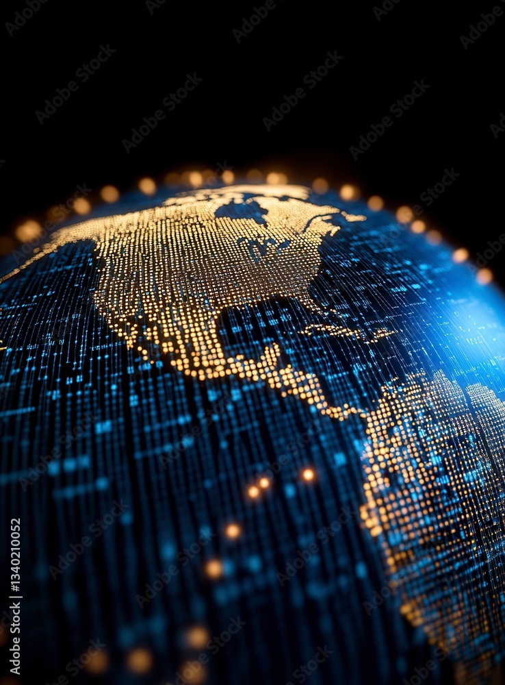 Poster abstract digital rendering of earth at night, illuminated by glowing points of light, showcasing nor