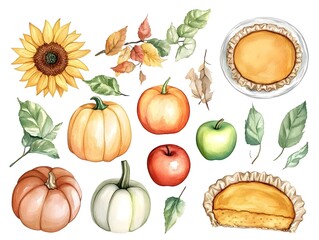 Autumn Harvest Watercolor  Pumpkins  Apples  Pie  Sunflower