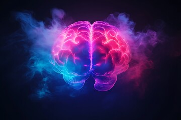 Brain pulsing with neon pink and violet circuits swirling in a dark misty void vibrant neurodivergent energy futuristic abstract depth bold chaotic harmony