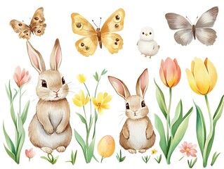 Fototapeta premium Cute Easter Bunnies Tulips Butterflies Chick Watercolor Clipart