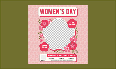 Women's Day Socials Media. Mother's Day card, banner, poster, flyer, label or cover with flowers frame, abstract floral pattern in mid century art style.