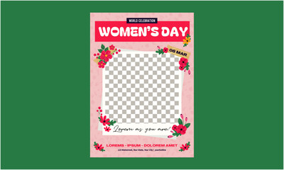 Womans Day Flyer. Mother's Day card, banner, poster, flyer, label or cover with flowers frame, abstract floral pattern in mid century art style.