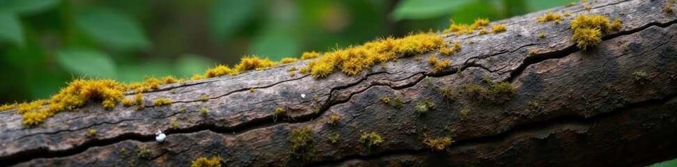 Distressed wooden tree trunk with moss and lichen, decay, earthy