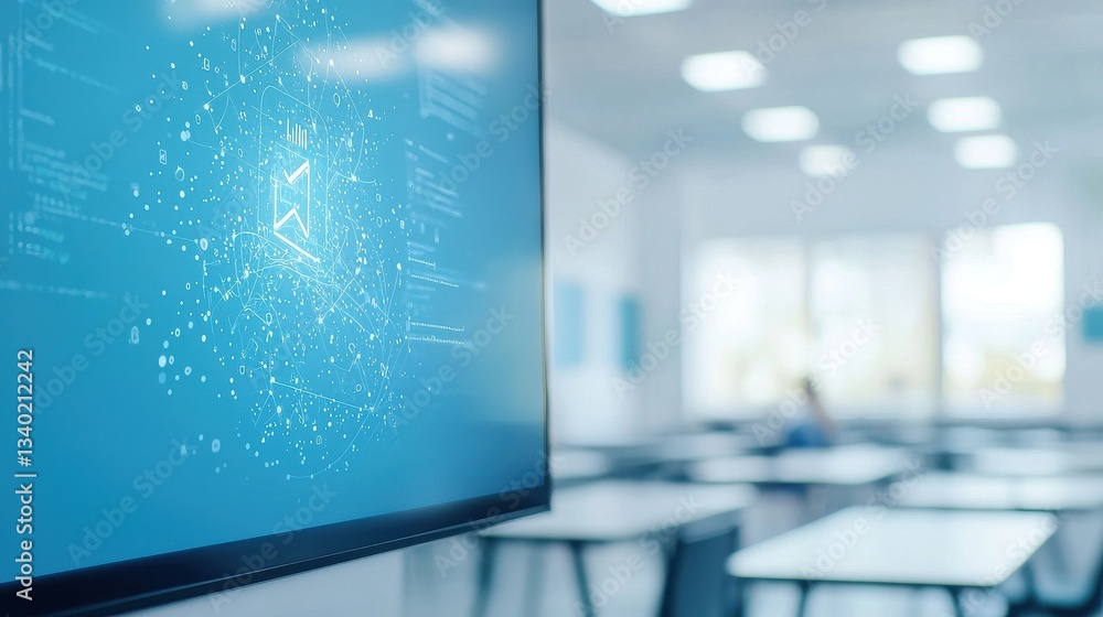 Poster digital screen with data visualization in modern classroom setting