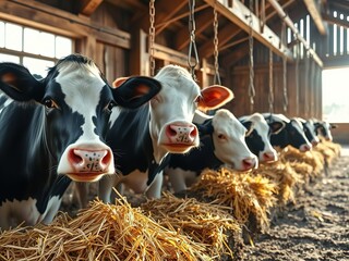 Black and White Cows Feeding Hay in Barn - Vibrant AI Photo