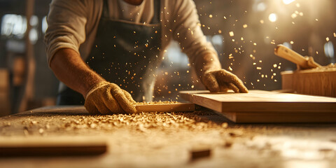 Artisan Woodworking Process in a Workshop with Hands Working on Raw Wood Surrounded by Sawdust and Warm Ambient Light