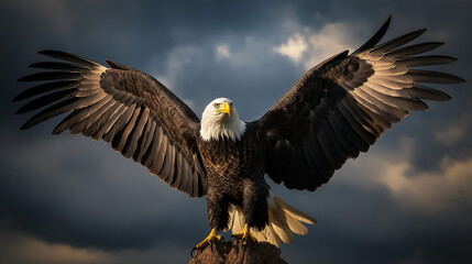 Fototapeta premium eagle landing moment with a dark cloud background. 