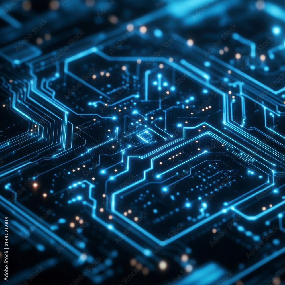 Poster close up view of a circuit board with glowing blue lines and components. the image shows intricate d