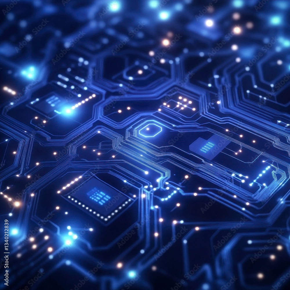 Poster close up view of a circuit board with glowing blue microchips and intricate pathways. the image has 