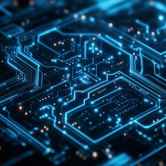 Close up view of a circuit board with glowing blue lines and components. The image shows intricate details and a technological aesthetic.
