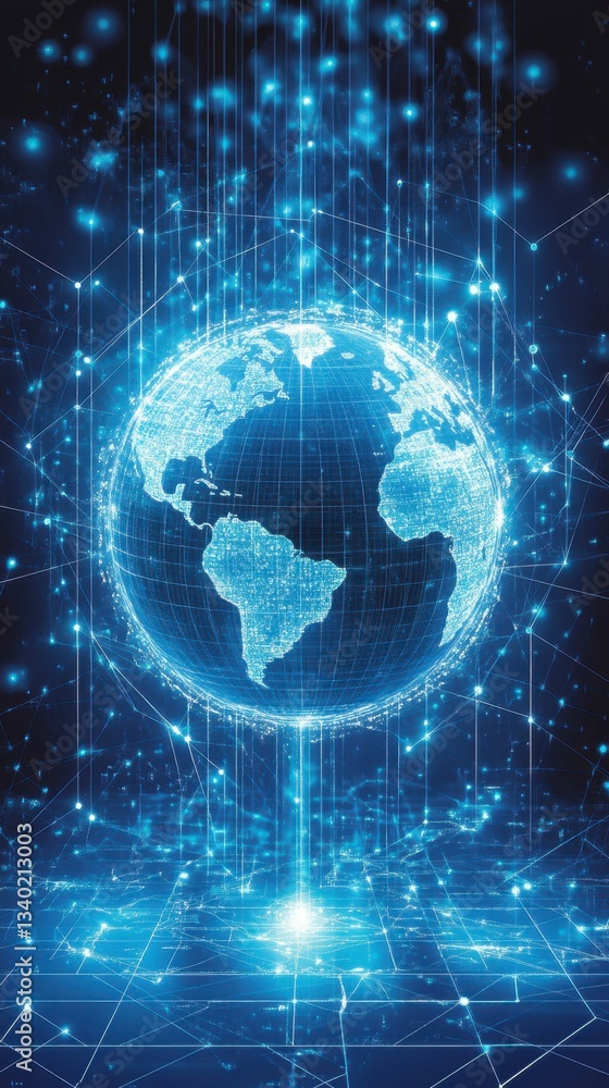 Poster abstract digital globe with glowing blue lines and particles, representing global network and data f