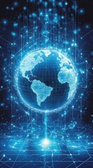 Obraz premium Abstract digital globe with glowing blue lines and particles, representing global network and data flow. Dark background enhances the futuristic feel.