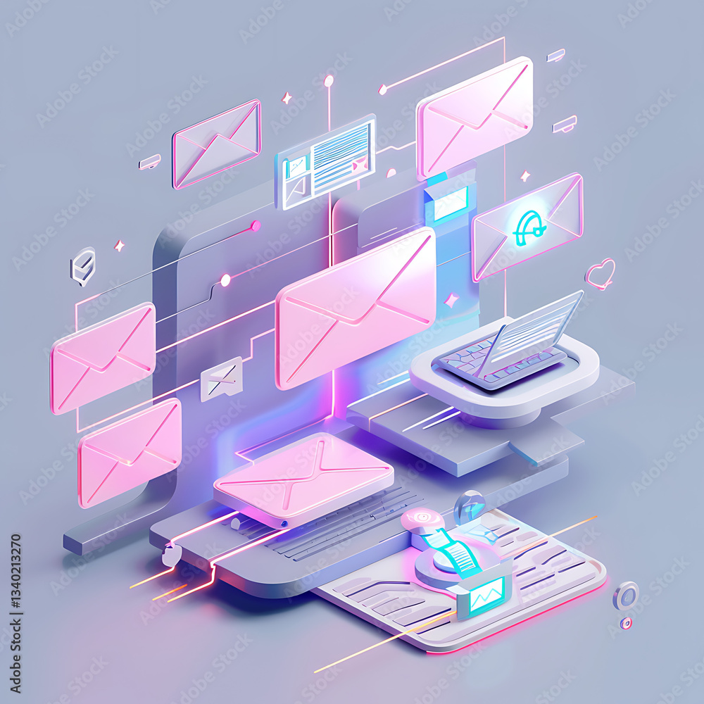 Poster isometric illustration of email communication workflow. envelopes flow between devices and abstract 