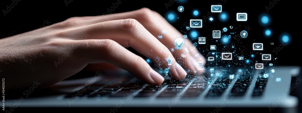 Poster hands typing on a laptop with digital email icons floating above