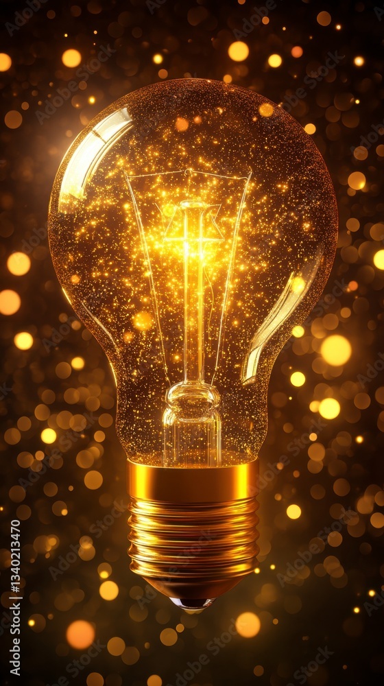 Poster glowing golden lightbulb with sparkling particles, bokeh background, vertical image.