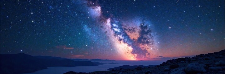 Naklejka premium Distant starry night sky with Milky Way galaxy and space dust , celestial body, astronomy