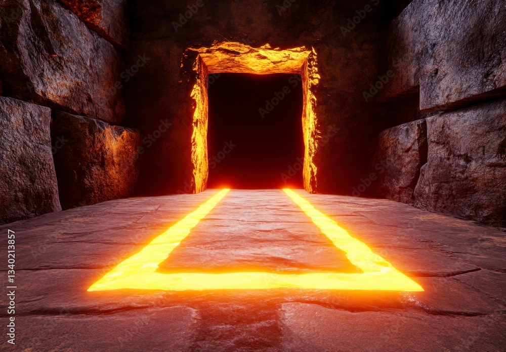 Poster glowing orange lines guide the way to a dark doorway in a stone tunnel, creating a mysterious and dr