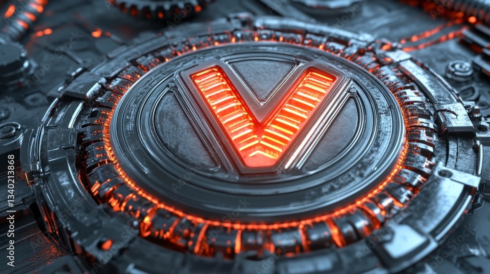 Poster abstract 3d render of a glowing orange v emblem set in a metallic circular mechanism with intricate 