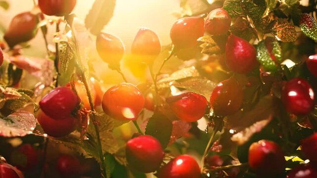 A close-up of vibrant red rose hips illuminated by soft golden light, highlighting their rich texture and natural beauty. The warm, earthy tones and delicate details of the leaves create a cozy 