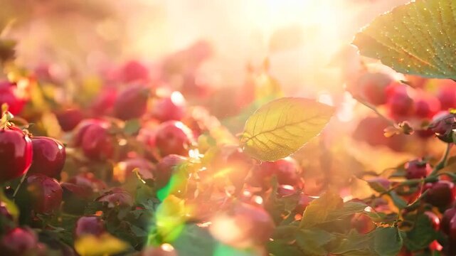 A beautiful close-up of vibrant red rose hips bathed in warm golden sunlight. The soft-focus background and glowing light create a dreamy, autumnal atmosphere, highlighting the rich textures 