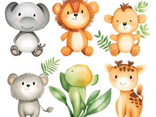 Adorable Watercolor Safari Animals  Lion  Elephant  Giraffe  Baby Animals  Jungle