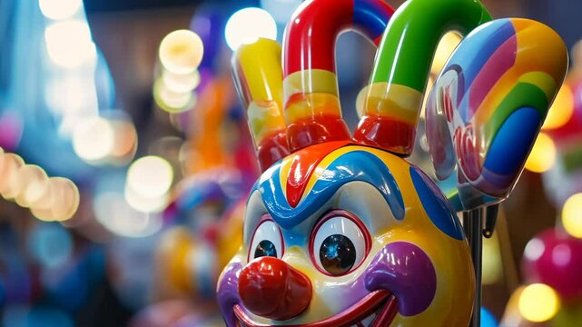 Colorful clown head with balloon decorations at a festive celebration in a lively outdoor market during the evening