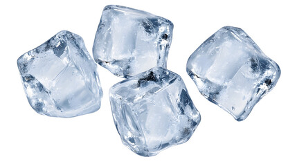 Obraz premium A striking minimalist composition featuring four weightless transparent ice cubes floating against a clean white background showcasing their elegant geometric forms and reflective