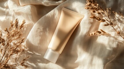 96.A warm and earthy mockup with a beige CC or BB cream foundation tube on a linen drapery, with dried foliage artfully placed beside it, representing the product natural, eco-conscious formulation.