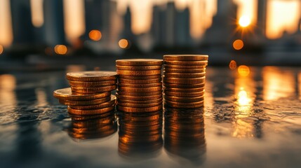 Three stacks of gold coins sit on a reflective surface at sunset, with a blurred cityscape in the background. The warm light casts reflections, creating a sense of financial growth and success.