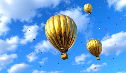 Fototapeta premium Three golden hot air balloons ascend a vibrant blue sky scattered with confetti, creating a celebratory atmosphere.