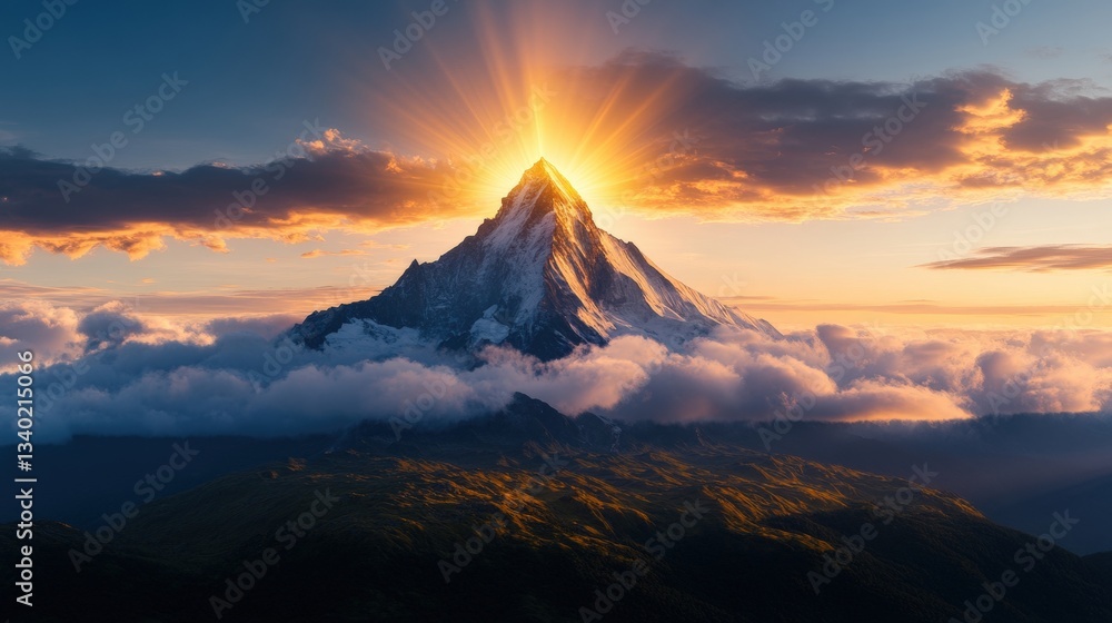 Poster radiant mountain peak surrounded by fluffy clouds with sun rays breaking through creating an inspiri