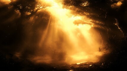 Golden sunlight streams through a dense forest, illuminating a misty path. Dust motes dance in the beams, creating a magical, ethereal atmosphere.