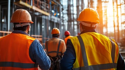 115.A group of construction workers, wearing helmets and high-visibility jackets, work together on the steel frame of a commercial building, with steel beams and machinery in the background,