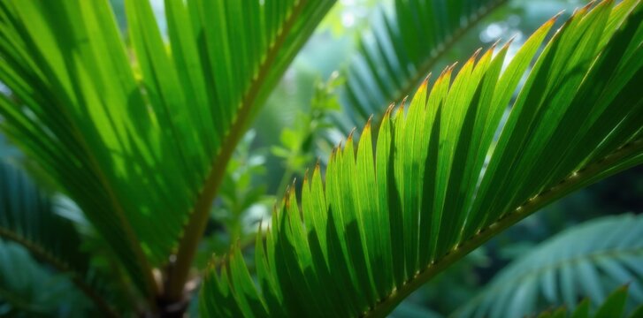 Dense cluster of emerald green palm fronds in tropical surroundings, foliage, green