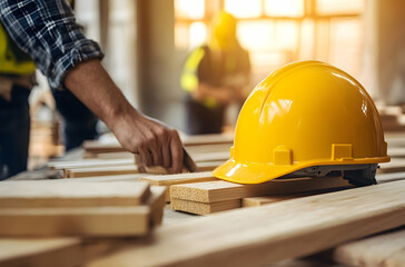 Construction Worker Using Tools and Safety Helmet at a Bright Worksite Surrounded by Wood Materials and Colleagues during Daylight Hours