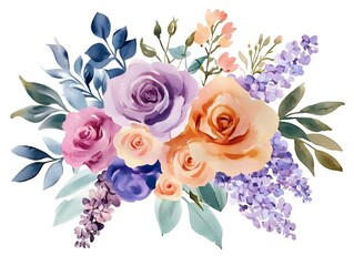 Fototapeta premium Watercolor Floral Bouquet Roses Lilacs Greenery