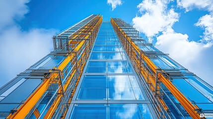 Fototapeta premium Modern skyscraper with glass facade and orange structural elements rising against a vibrant blue sky.