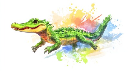 Obraz premium Illustrated green alligator depicted on a colorful background splash