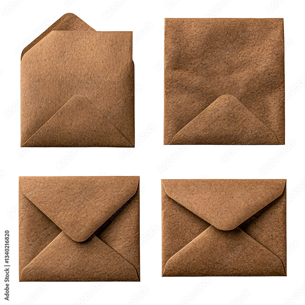 Poster A set of brown kraft envelopes displayed in different forms   closed empty and partially open with a blank paper inside perfectly isolated on a white transparent background