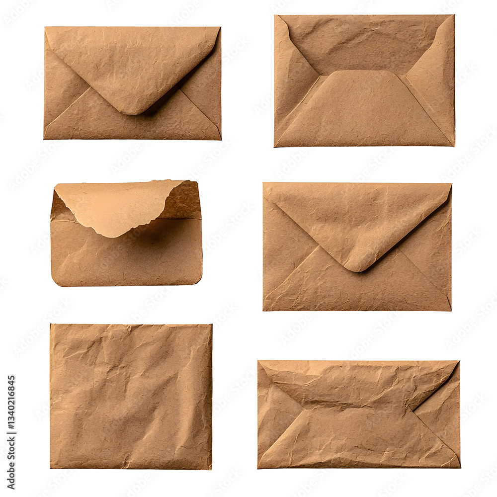 Aufkleber A collection of brown kraft envelopes displayed in different forms   closed empty and partially open with a blank paper inside all perfectly isolated on a white transparent background