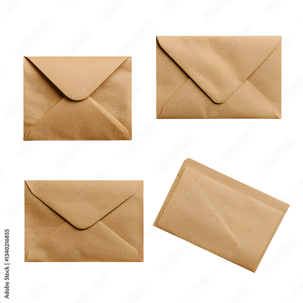 Aufkleber A set of brown kraft paper envelopes including a sealed envelope an open envelope and one with a visible blank sheet inside all floating on a white transparent background