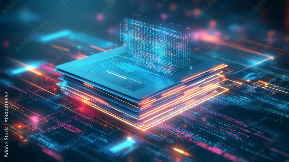 Poster abstract digital illustration of a layered microprocessor with glowing data streams and circuit boar