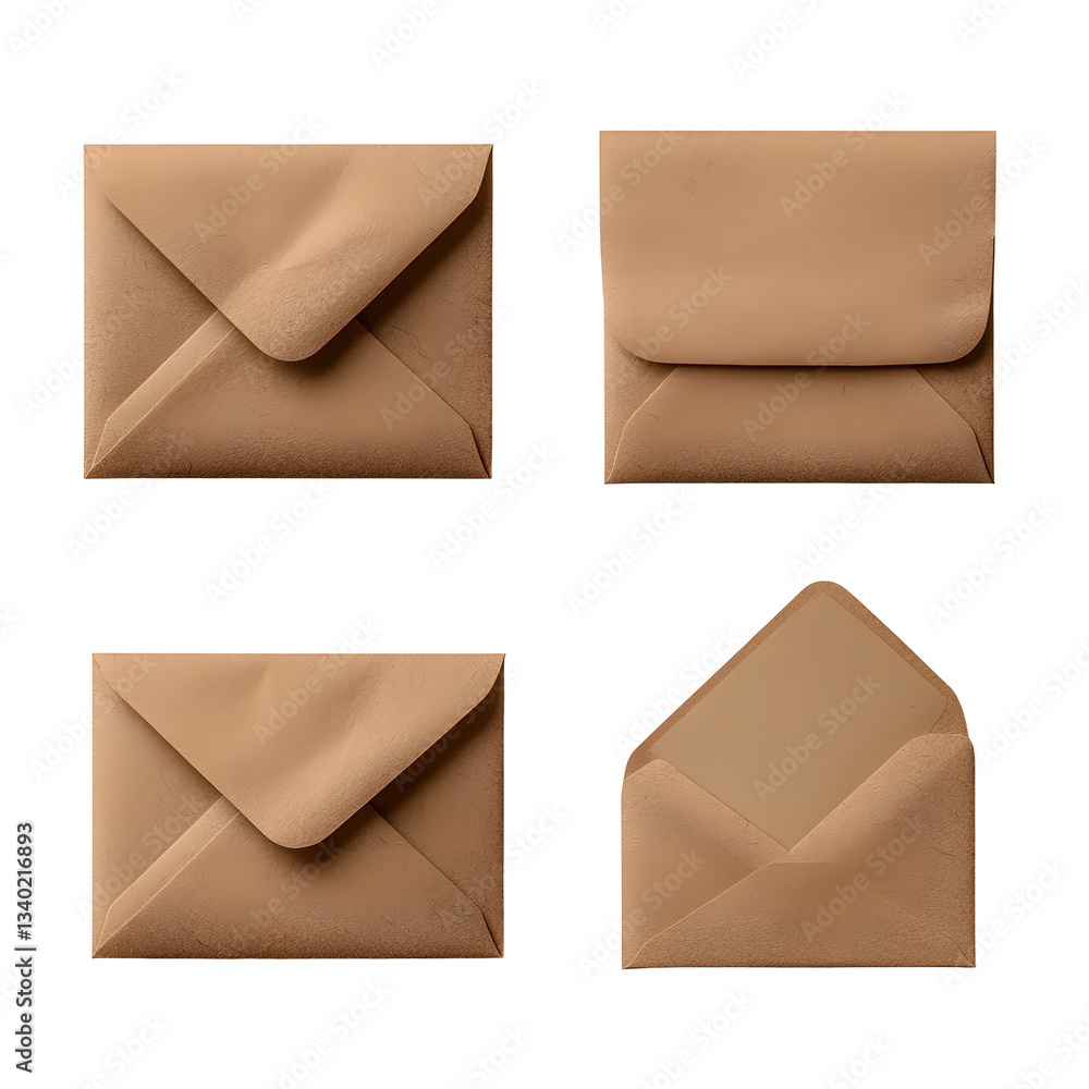 Aufkleber A set of brown paper envelopes in various states including sealed open and one revealing a blank sheet inside floating on a clean white transparent background