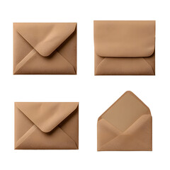 A set of brown paper envelopes in various states including sealed open and one revealing a blank sheet inside floating on a clean white transparent background