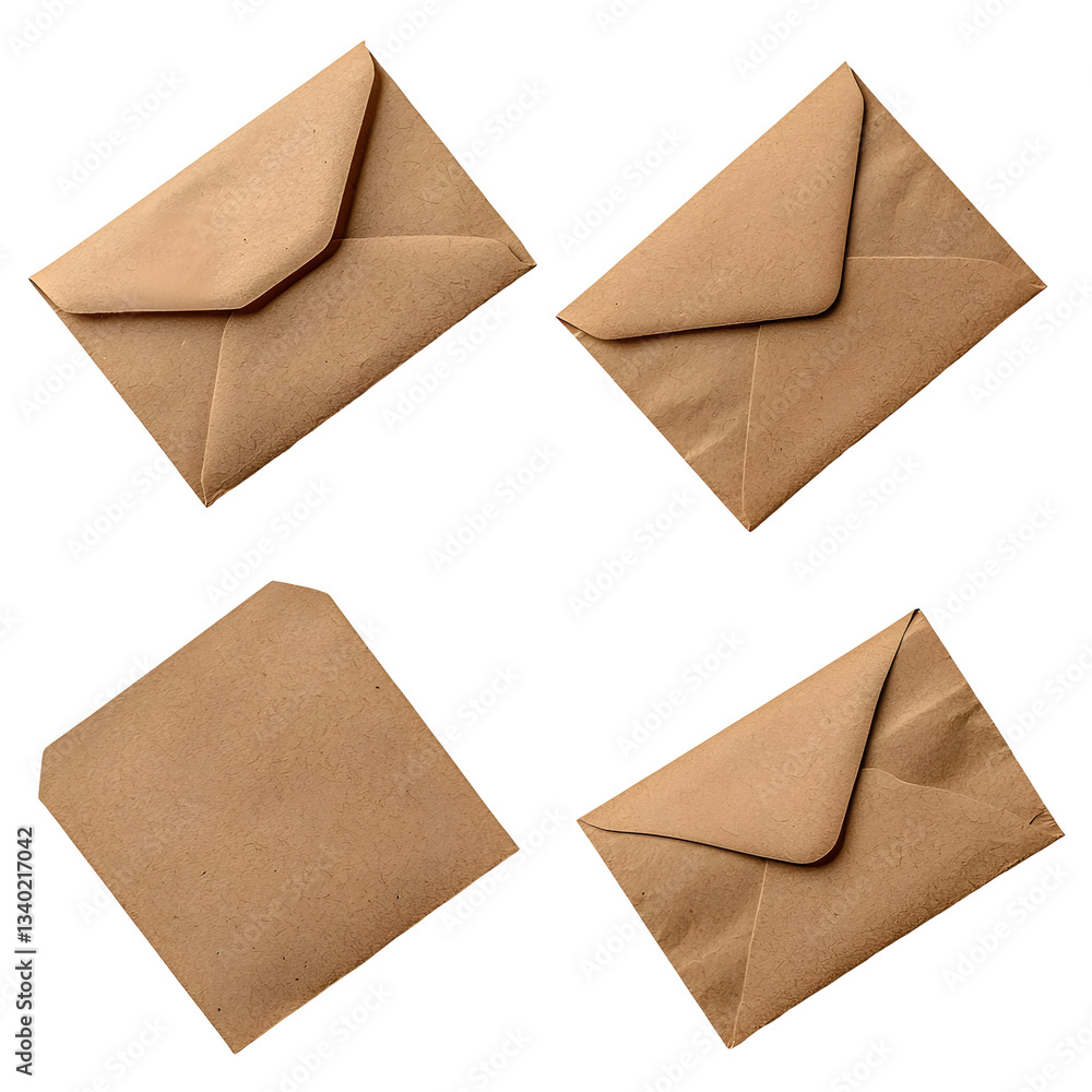 Aufkleber Collection of brown paper envelopes in an overhead arrangement with some open to reveal a blank document and others tightly sealed presented on a clean transparent background
